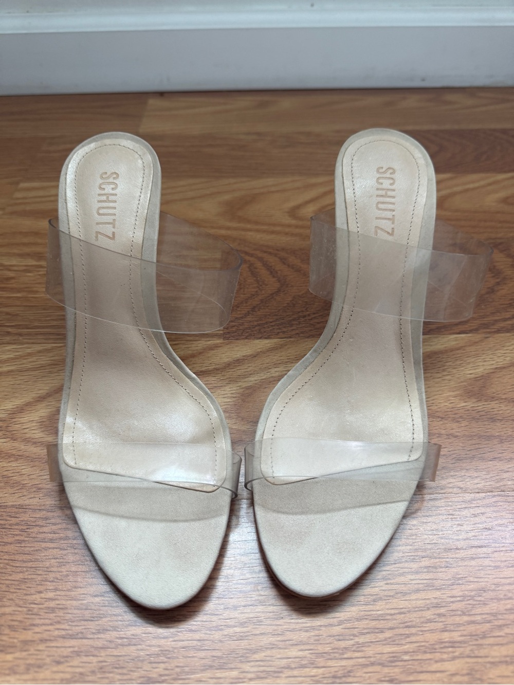SCHUTZ Beige Clear-Strap Slide Heels